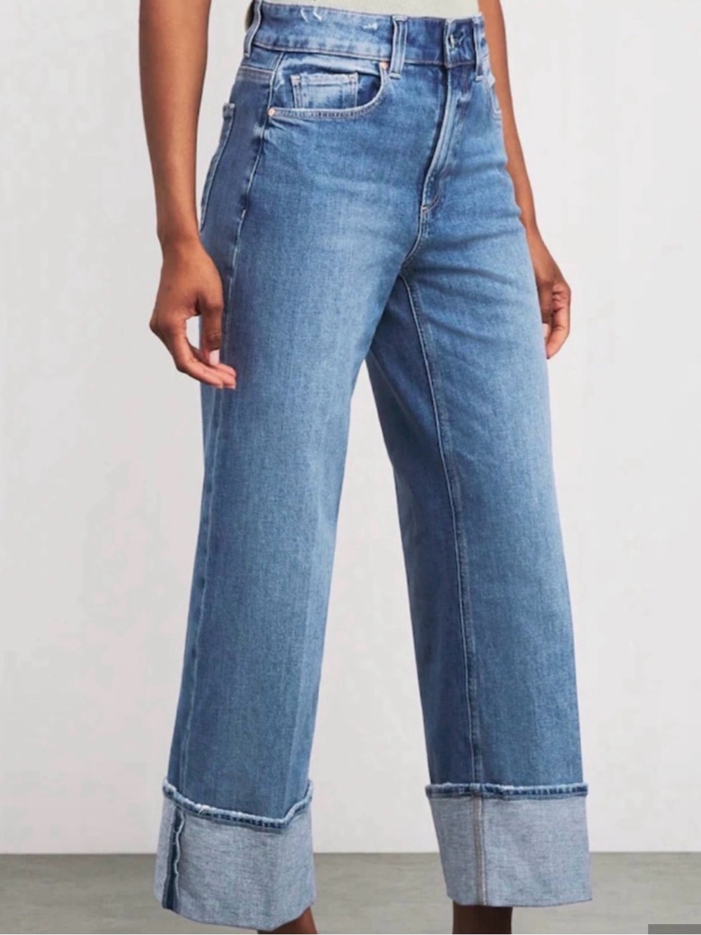 PAIGE Wide-Leg Rolled Hem Blue Jeans - Picture 7 of 8